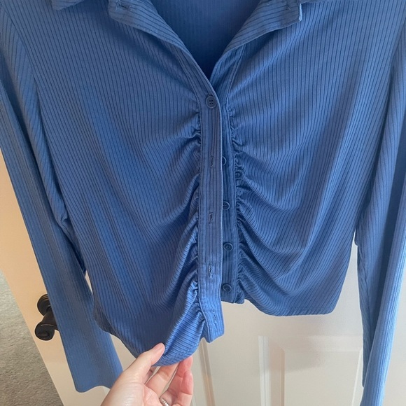 REFORMATION Elin Knit Top Dusk Blue Ribbed Long Sleeve Top Button Down Collar XL - Picture 8 of 8